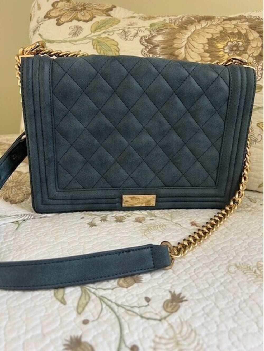 BCBG Paris Quilted Boy Blue Suede Shoulder Handbag Gold Chain Strap